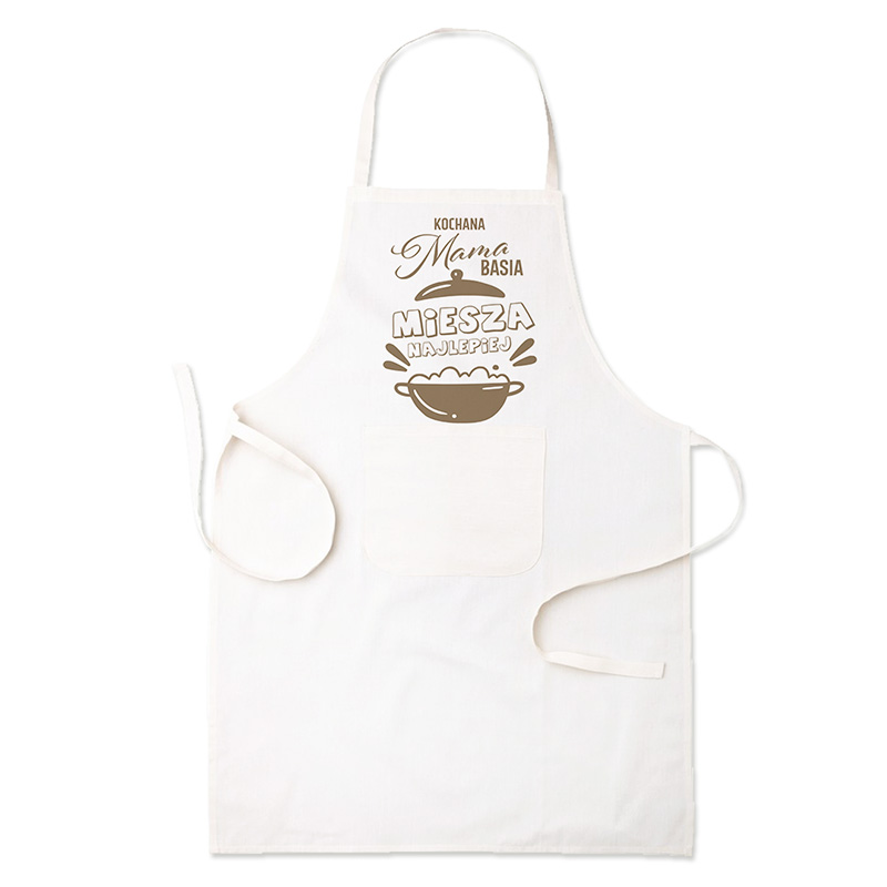 Fartuch kuchenny w kolorze białym z napisem "Kochana Mama Miesza Najlepiej" oraz ilustracją miski.