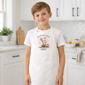 Chłopiec w białym fartuchu kucharskim z napisem "MASTER CHEF", stojący w jasnej kuchni.