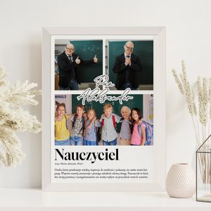 Plakat z nauczycielem, zawierający zdjęcia z lekcji oraz grupy uczniów, stylizowany na artystyczne ramki.