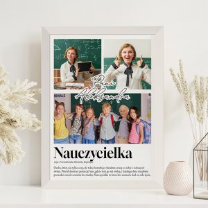 Plakat z napisem "Nauczycielka" przedstawiający nauczycielkę oraz uczniów w różnych ujęciach, w tle tablica szkolna.
