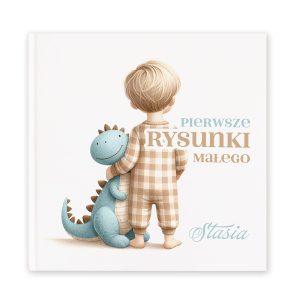 personalizowany-rysownik-dla-dziecka.jpg Chłopczyk w pidżamie z kratką stoi z niebieskim dinozaurem, na okładce książki "Pierwsze rysunki małego".