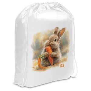Torba z nadrukiem przedstawiającym uroczego królika trzymającego marchewkę na jasnym tle.