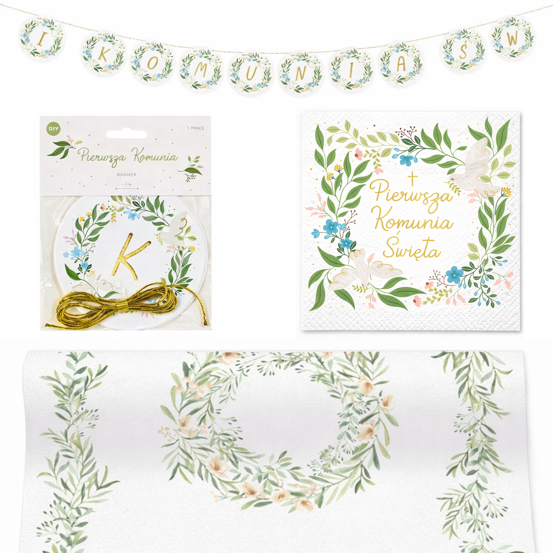 Dekoracje na pierwszą komunię, w tym baner, serwetki z napisem i ozdobny papier, zdobione zielonymi liśćmi i kwiatami.