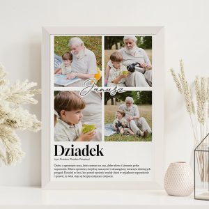 Plakat z czterema zdjęciami: dziadek z wnukiem na pikniku, wnuk trzymający filiżankę, oraz dziadek z aparatem w ręku.