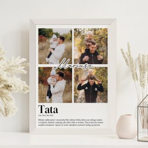 plakat-dla-taty-z-definicja-slowa-tata.jpg Plakat z czterema zdjęciami ojca z dziećmi w parku, z napisem "Tata" oraz imieniem. Dekoracyjna ramka i jasne tło.