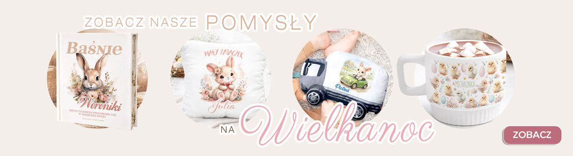 Grafika promująca produkty wielkanocne, zawierająca ilustrację króliczka, poduszki, samochód oraz kubek z czekoladkami.