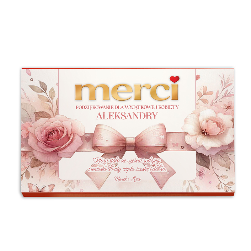 Elegancka kartka z podziękowaniami, ozdobiona różowymi kwiatami i wstążką. Tekst wyraża wdzięczność i miłość.