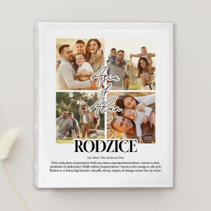 Kolaż zdjęć przedstawiający rodzinę w radosnych chwilach razem, z imionami oraz napisem "RODZICE".