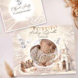 PUZZLE-Ze-Zdjeciem-Podziekowanie-chlopca-dla-D puzzle z wizerunkiem dziecka trzymającego misia, z krajobrazem kościoła w tle i napisem "Kochany Bziadku".