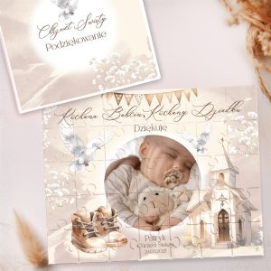 Puzzle z wizerunkiem dziecka trzymającego pluszowego misia, z motywem kościoła i bucikami w pastelowych kolorach.