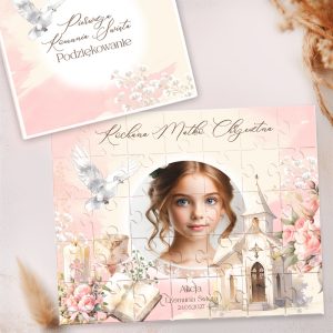 Ilustracja przedstawia zestaw puzzli z wizerunkiem dziewczynki w białej sukience, otoczonej różowymi kwiatami i gołębiem.
