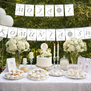 srebrny-baner-na-komunie-swieta.jpg Stół z tortem i słodkościami na uroczystość komunijną, ozdobiony białymi kwiatami i świecami, z dekoracją z banerów.