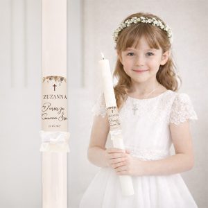 Personalizowana świeca gromnica na Pierwszą Komunię Świętą boho