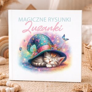 Książka z okładką przedstawiającą śpiącego kota w kolorowym kapeluszu z motylkami, tytuł "Magiczne Rysunki".