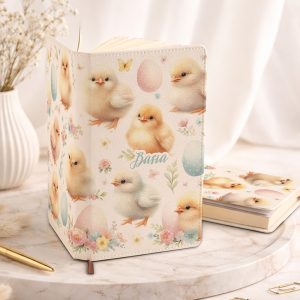 Personalizowany notatnik z ilustracjami piskląt i wielkanocnych jajek, z imieniem na okładce. W tle widać jasną, dekoracyjną powierzchnię.
