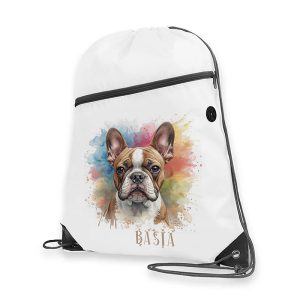 Plecak z grafiką przedstawiającą psa rasy buldog francuski na kolorowym tle z imieniem.
