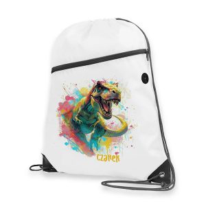 Plecak w kolorze białym z rysunkiem dinozaura wykonanym w intensywnych kolorach oraz imieniem.