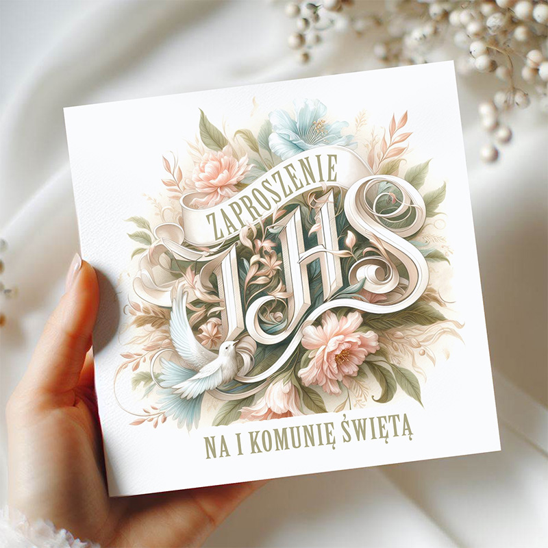 Eleganckie zaproszenie na komunię, zdobione kwiatami i gołębiem, z napisem "IHS" w stylizowanej czcionce.