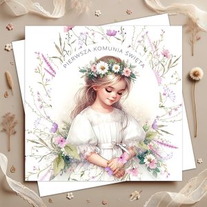 Dziewczynka w białej sukience z wiankiem z kwiatów, trzymająca dłonie na sercu, otoczona kwiatowym ornamentem. Tekst: "PIERWSZA KOMUNIA ŚWIETA".