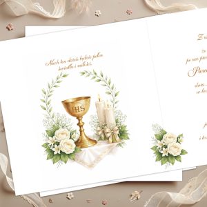 zawiadomienie-komunijne.jpg Złota kielich z napisem IHS, otoczony białymi różami, girlandą, świecami, na eleganckim tle z koronką.