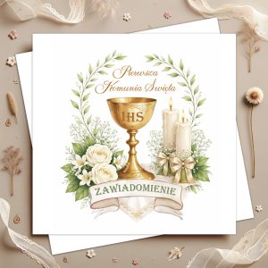 Złota kielich z IHS, świece i białe kwiaty w otoczeniu zielonych liści, z napisem "Pierwsza Komunia Święta" i "Zawiadomienie".
