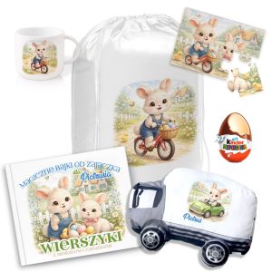 Zestaw produktów z motywem króliczka, w tym worek, kubek, puzzle, książka i figurka Kinder, wszystko z ilustracjami postaci.