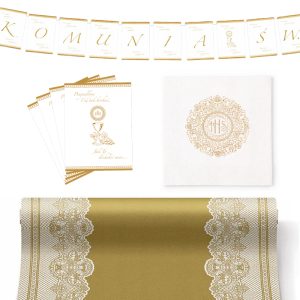 Zestaw ozdób na komunię, w tym złote zaproszenia, serwetki i papier z delikatnym wzorem.