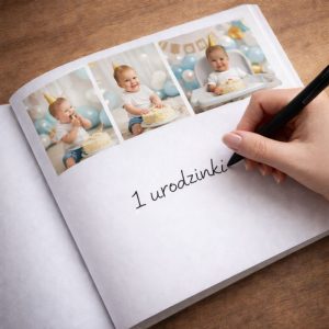 Na stronie z notatnika widać napis „1 urodzinki” nad zdjęciami dziecka z tortem urodzinowym.