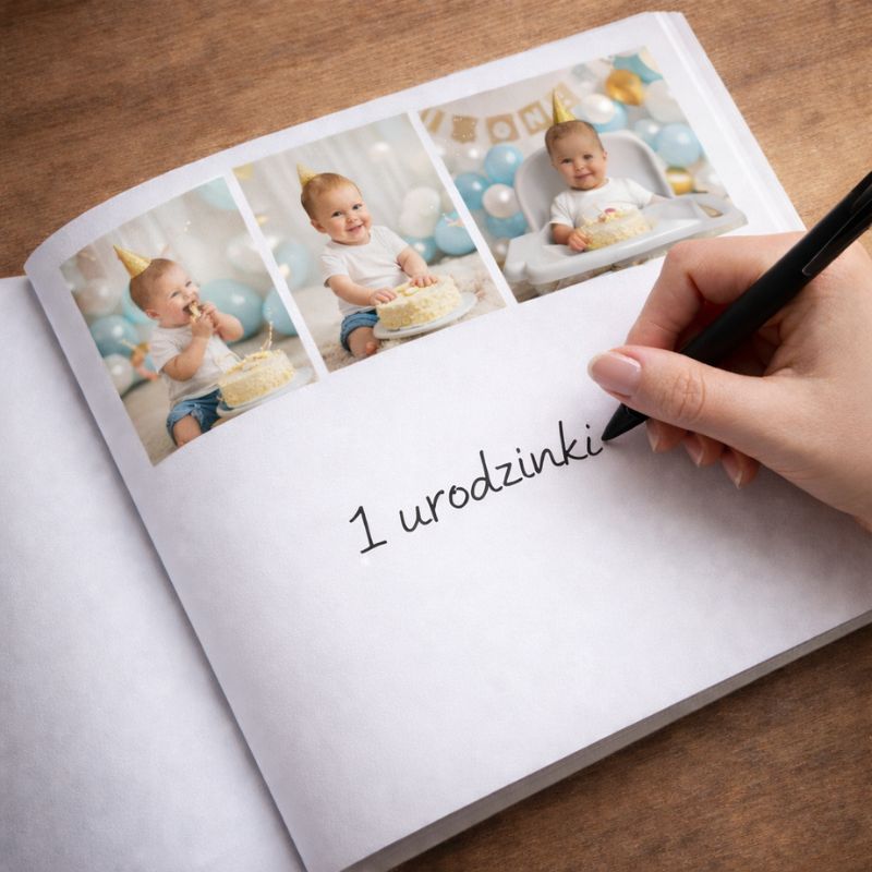 Na stronie z notatnika widać napis „1 urodzinki” nad zdjęciami dziecka z tortem urodzinowym.