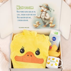 Zestaw prezentowy dla dziecka zawierający żółty ręcznik w kształcie kaczki, kubek oraz kosmetyk