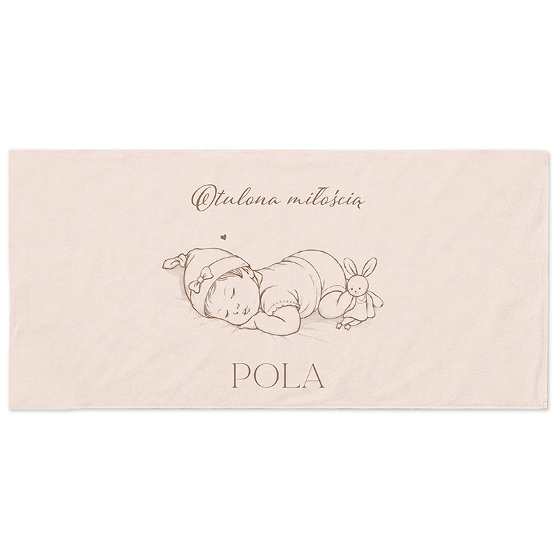 Różowa chusta z nadrukiem przedstawiającym śpiące dziecko w czapce oraz tekstem "Otulona miłością" i imieniem