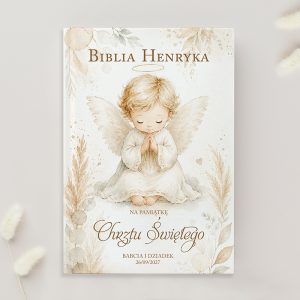 Okładka książki z napisem "Biblia Henryka" i tytułem "Na Pamiątkę Chrztu Świętego", przedstawiająca aniołka modlącego się.