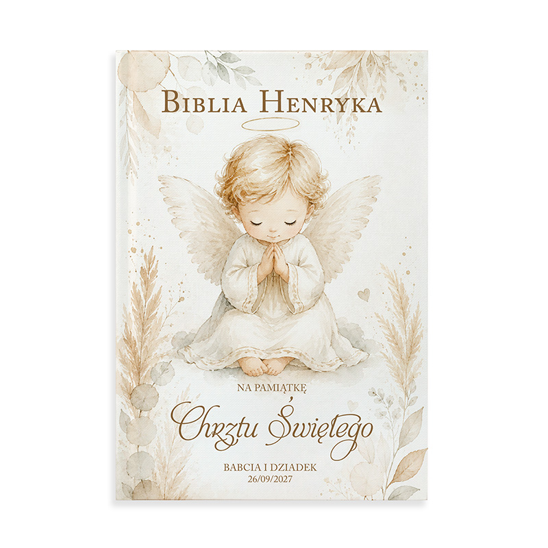 Okładka Biblii z ilustracją aniołka modlącego się, z subtelnymi złotymi akcentami i napisem "Biblia Henryka na pamiątkę Chrzstu Świętego".