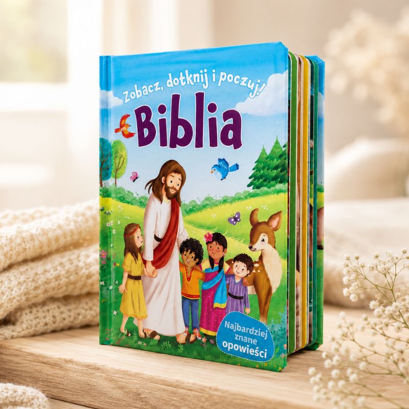 Ilustrowana biblia dla dzieci z tytułem widocznym na okładce, przedstawiająca Jezusa z dziećmi i zwierzętami w kolorowym krajobrazie.