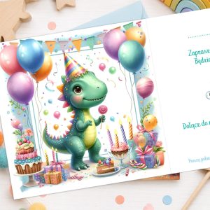 dziecięce-zaproszenia-urodzinowe.jpg Dinozaur w czapce urodzinowej trzymający lizaka, otoczony balonami, tortem i prezentami w kolorowej scenerii urodzinowej.