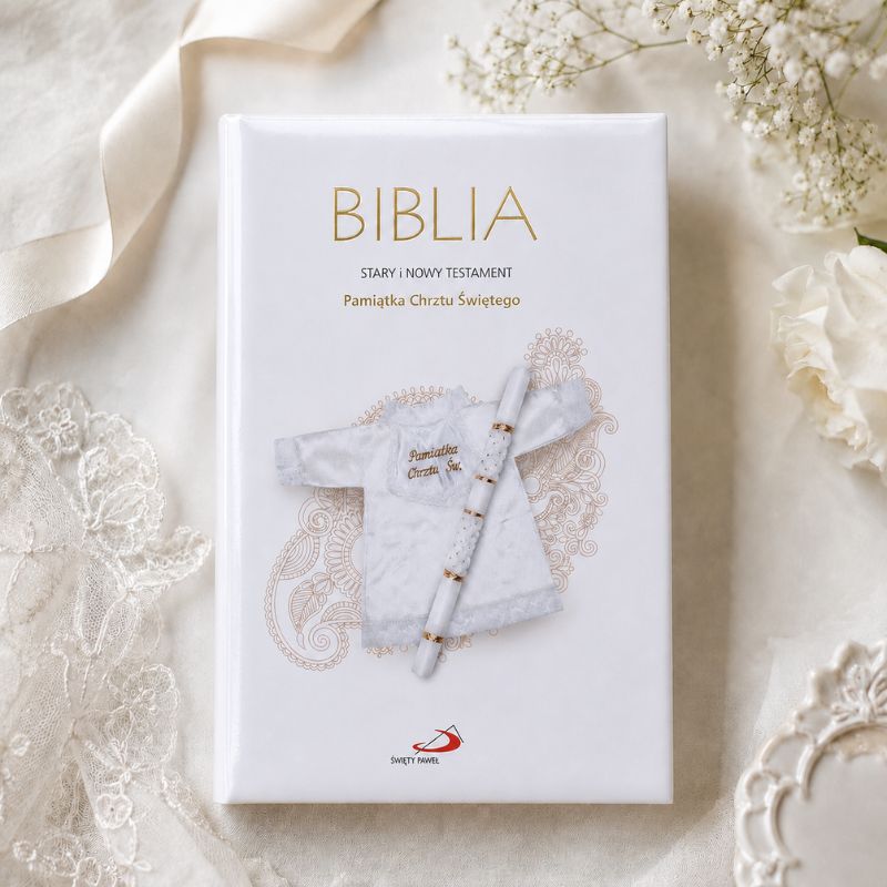 Biblia w białej okładce z haftem, przedstawiająca szatę chrzcielną oraz świecę, na tle delikatnych kwiatów.