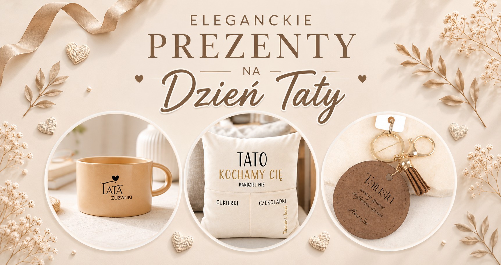 Eleganckie prezenty na Dzień Taty, w tym kubek, poduszka i breloczek, z delikatnymi zdobieniami i naturalnymi kolorami.