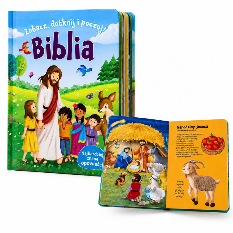 Ilustrowana książka "Biblia" dla dzieci, z kolorowymi rysunkami i różnymi postaciami biblijnymi.