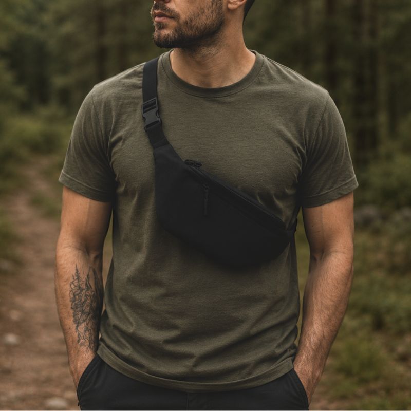 Mężczyzna w zielonym t-shircie z torbą nerką.