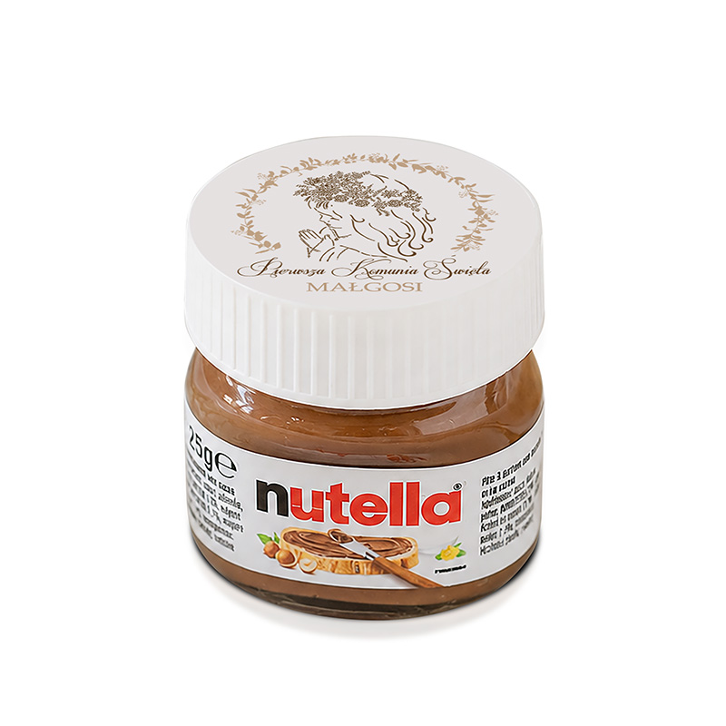 Słoik nutelli o pojemności 25 g z białą nakrętką, z etykietą i logo.