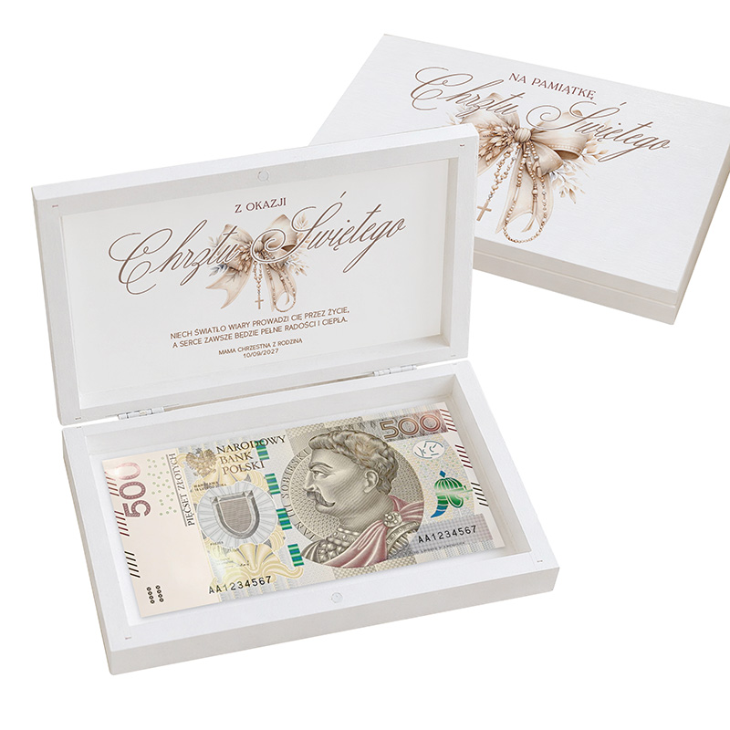 Pudełko z banknotem 500 złotowym na okazję chrzcin, z elegancką grafiką wewnątrz.