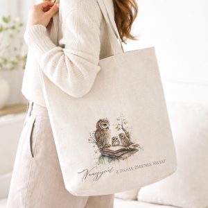 Torba materiałowa z ilustracją sowy oraz napisem "Z pasją zmieniam świat".