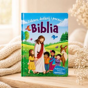 prezent-religijny-dla-dziecka-biblia-sensoryczna.jpg Ilustrowana Biblia dla dzieci z postacią Jezusa prowadzącą grupę dzieci przez zielony krajobraz z ptakami i zwierzętami.