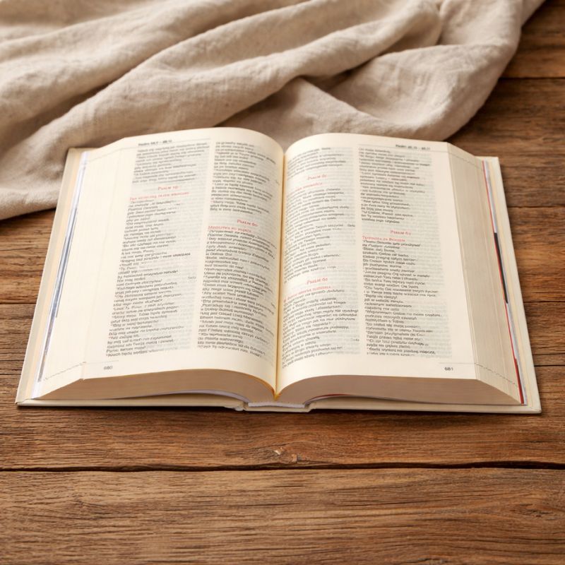 Otwarta biblia leży na drewnianym stole, obok leży kawałek jasnej tkaniny. Strony są zadrukowane tekstem.