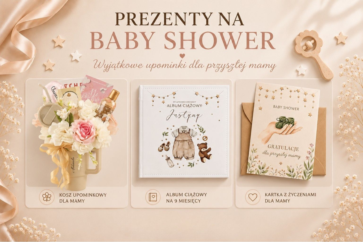 Prezentacja trzech pomysłów na upominki na baby shower: kosz dla mamy, album ciążowy i kartka z życzeniami.