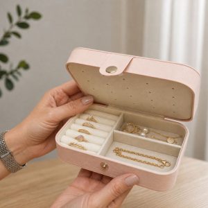 rozowe-etui-na-bizuterie-prezent-dla-przyszlej-mamy.jpg Kobieta trzyma różowe etui na biżuterię, wypełnione pierścionkami, naszyjnikami i kolczykami.