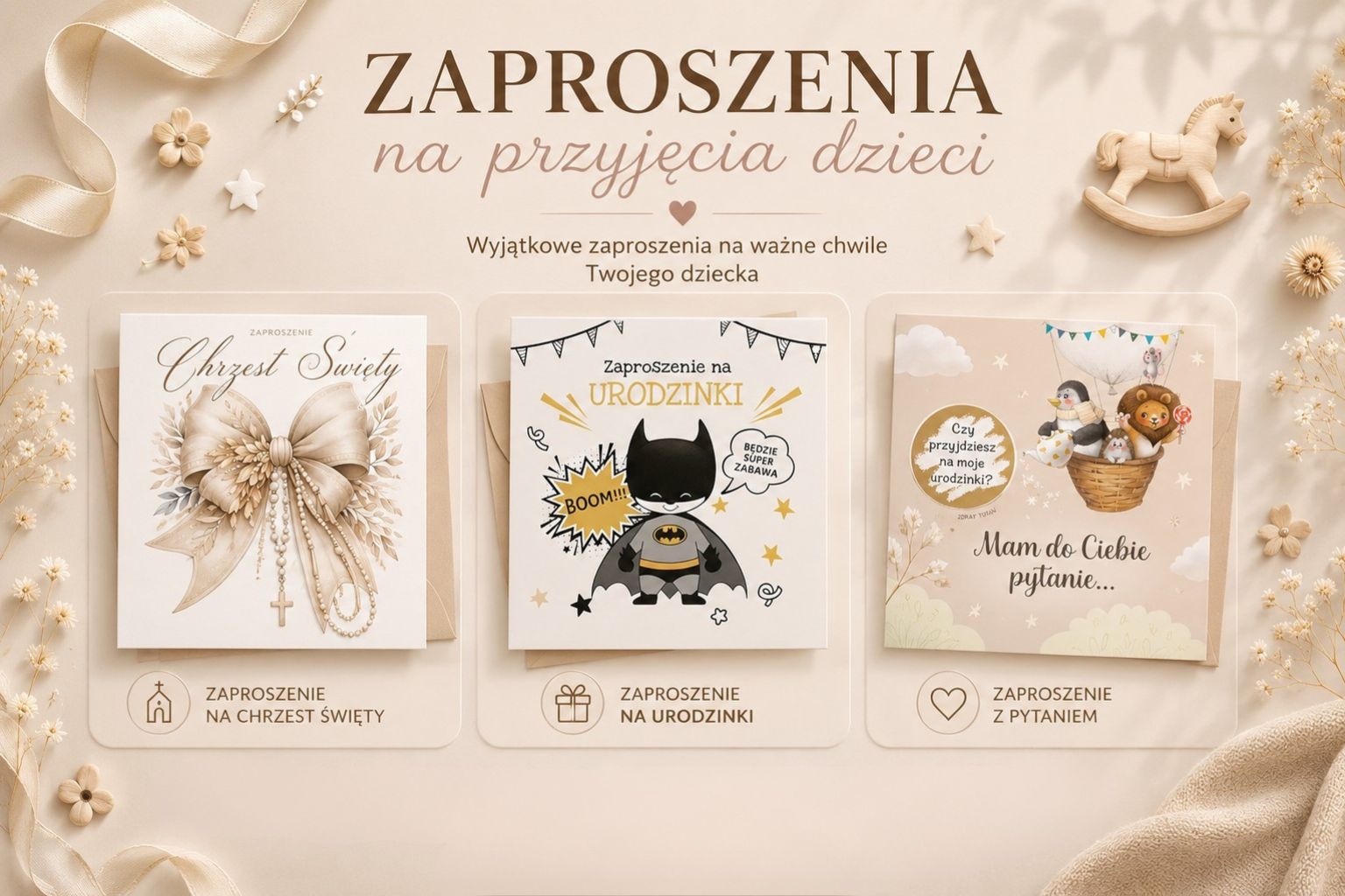 Trzy zaproszenia na przyjęcia dzieci: na chrzest, urodzinki i z pytaniem, ozdobione delikatnymi ilustracjami.