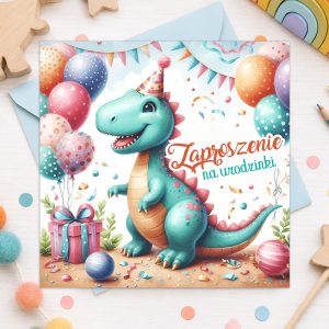 Dinozaur w czapce urodzinowej otoczony balonami i confetti, zaproszenie na urodziny z kolorowym napisem.