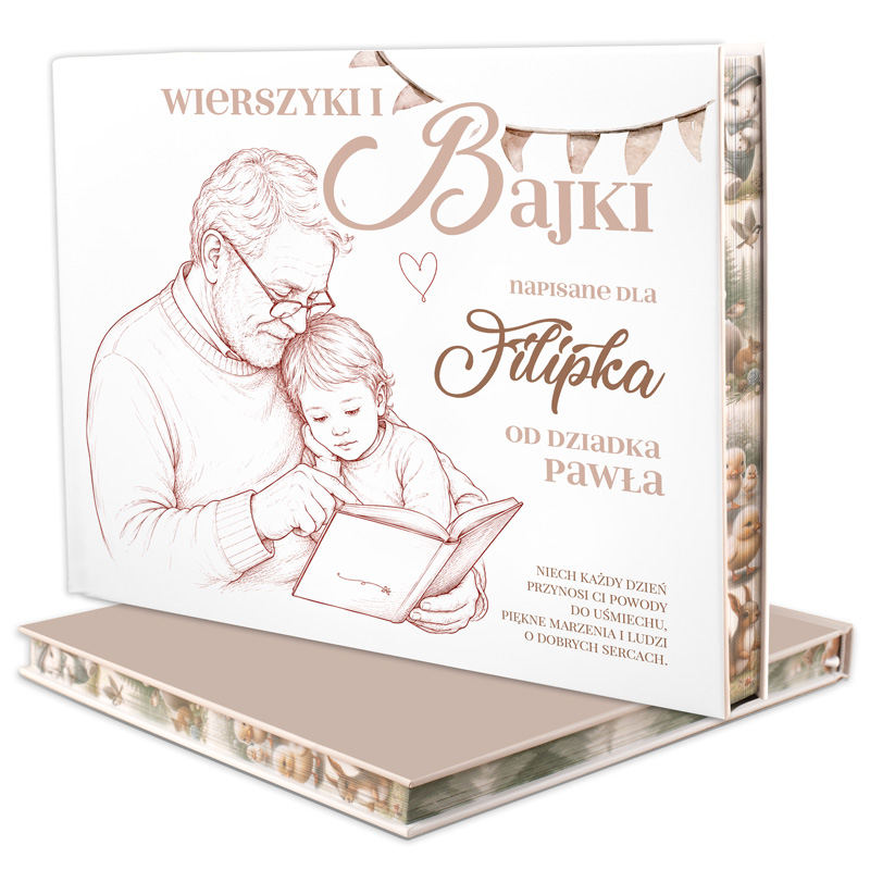 Książka "Wierszyki i Bajki" z rysunkiem dziadka czytającego wnukowi, ozdobiona delikatnymi detalami i sympatycznym napisem.