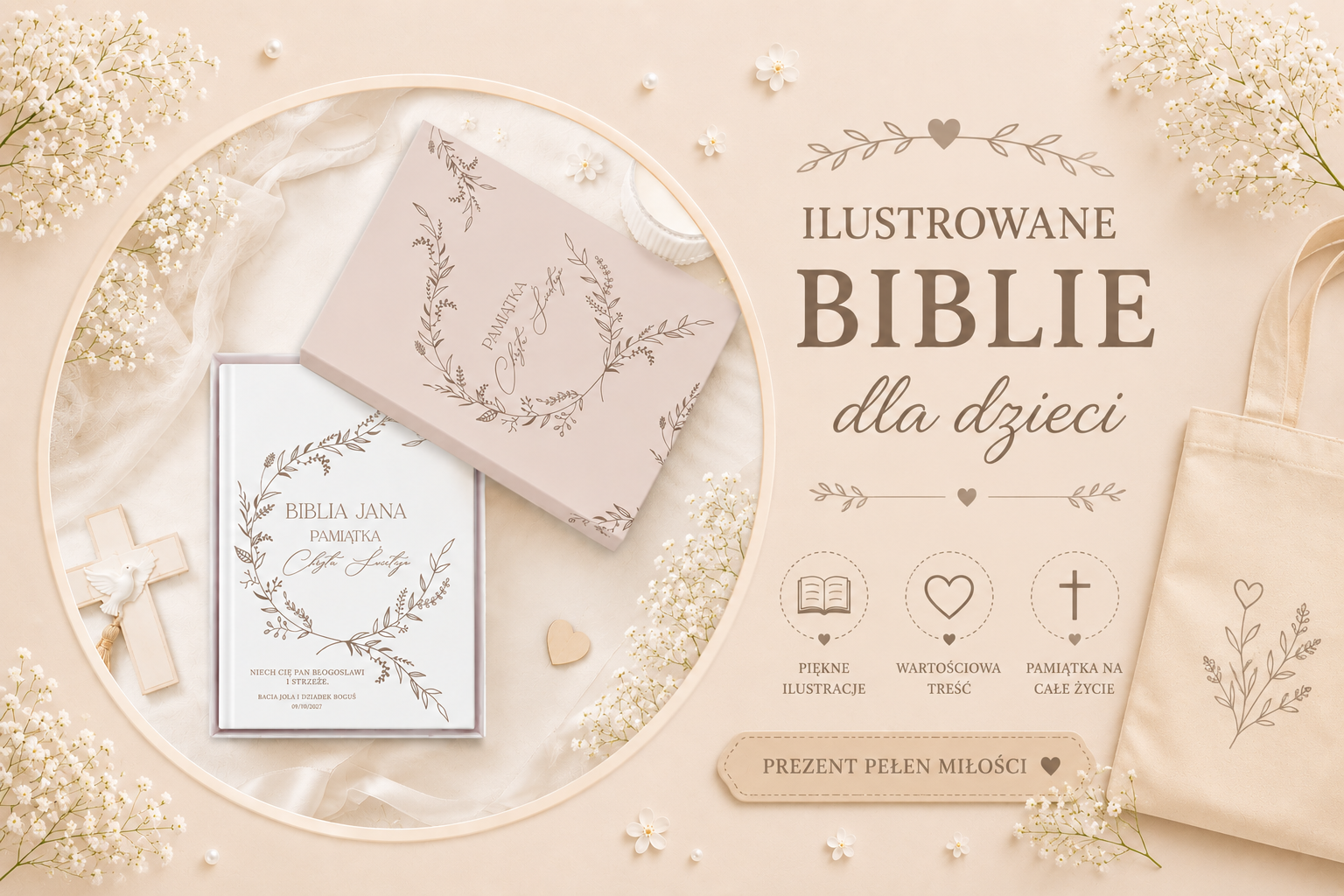 Ilustrowane biblie dla dzieci, prezentujące piękne ilustracje, z tekstami i symbolami religijnymi, otoczone kwiatami i dodatkami.